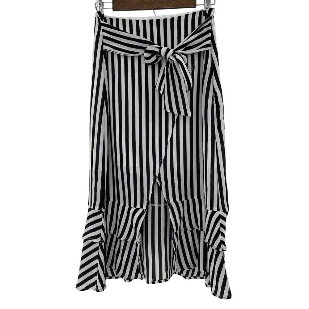 Who What Wear Women's Striped Ruffle Tie Front Chiffon Midi Skirt Size 8